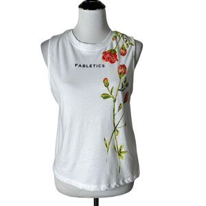 Fabletics White Floral Logo Muscle Tank Top Size XS Athletic Tee Sleeveless‎ NEW